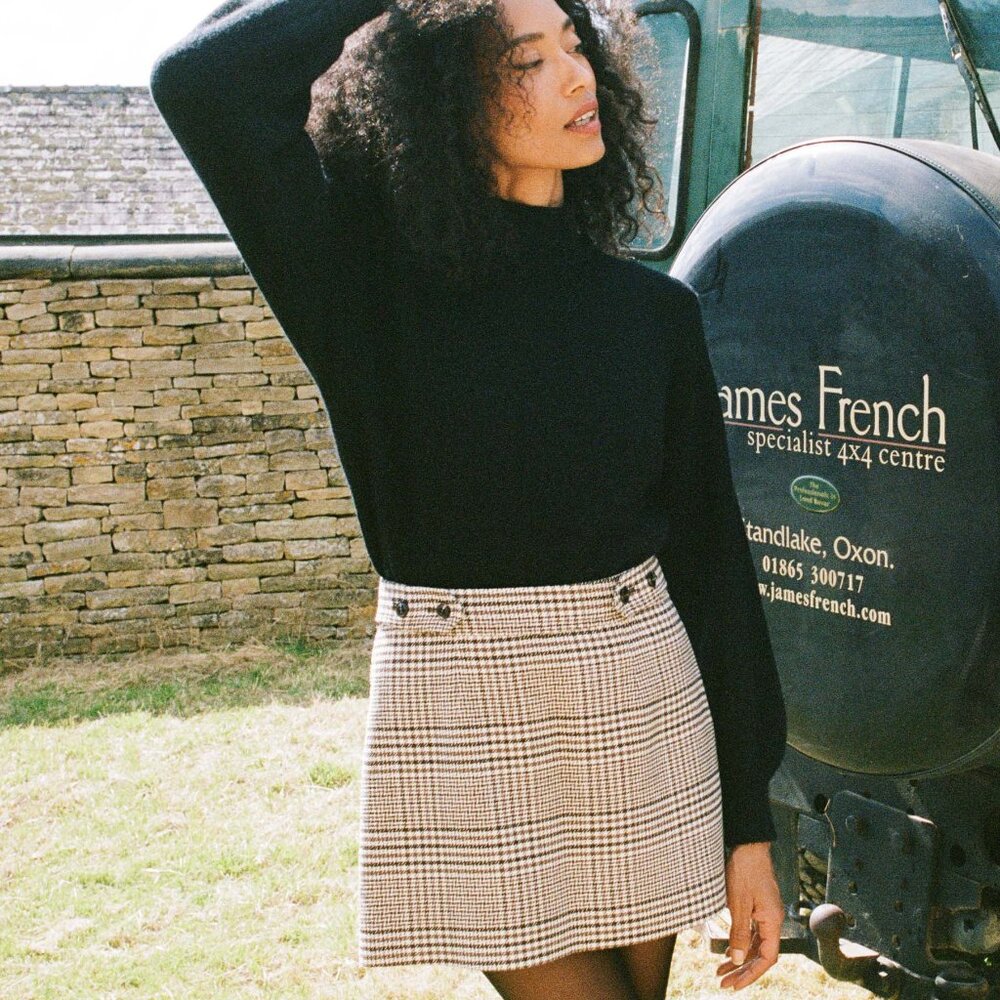 NWT DÔEN Chieri Wool Plaid Button Mini Skirt in Sommerville Check